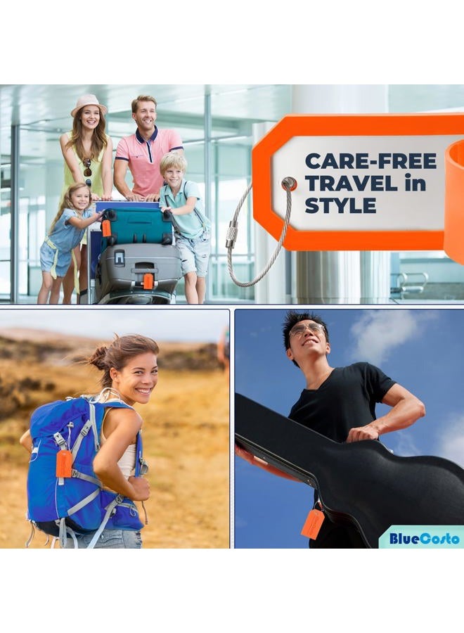 BlueCosto Luggage Tags - PVC Suitcase Tags w/Privacy Cover & Stainless Steel Wire Loops - Personalized Baggage Identifiers for Travel - Backpack Name Labels, Orange, Pack of 5, PVC - Image 4