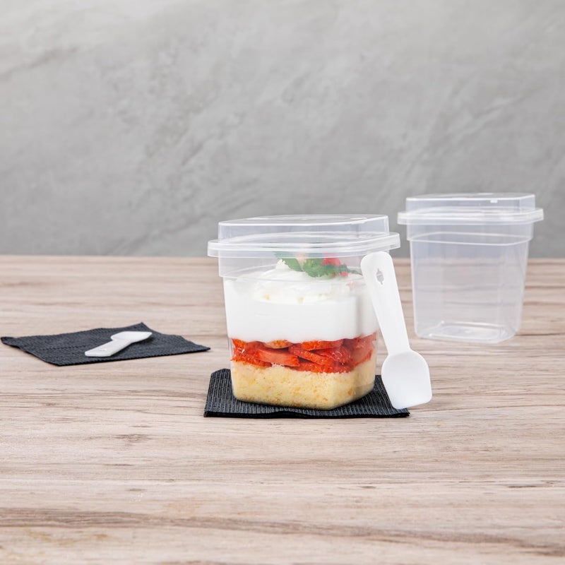 Restaurantware أكواب حلوى مطعم Mini Serve سعة 67 أونصة مع أغطية وملاعق 100 قطعة أكواب بارفيه بلاستيكية شفافة قابلة للتصرف متينة وقابلة للتكديس لتناول الحلويات الخارجية وطلبات التوصيل - Image 4