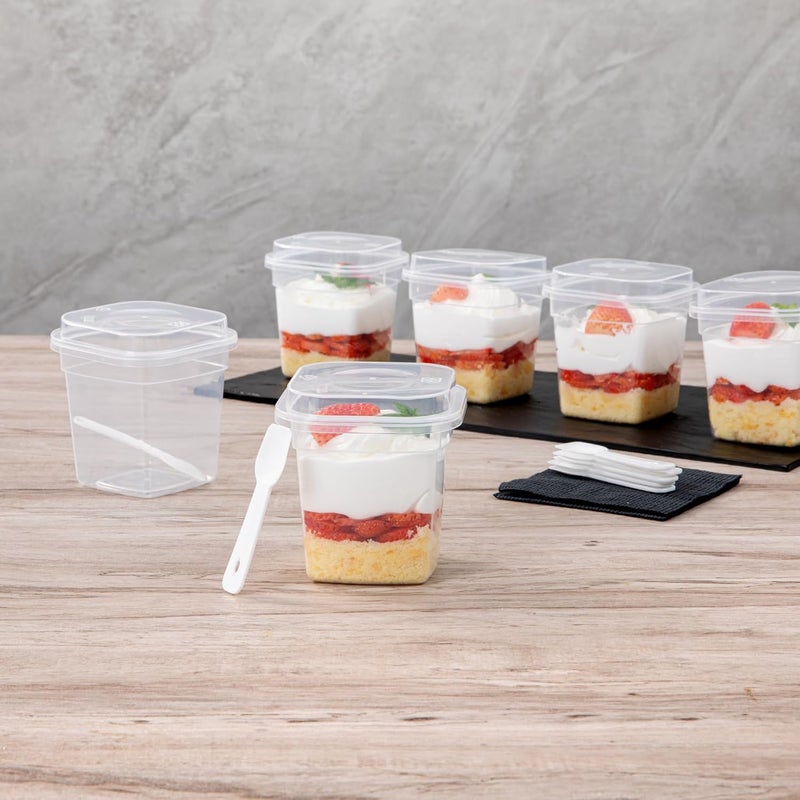 Restaurantware أكواب حلوى مطعم Mini Serve سعة 67 أونصة مع أغطية وملاعق 100 قطعة أكواب بارفيه بلاستيكية شفافة قابلة للتصرف متينة وقابلة للتكديس لتناول الحلويات الخارجية وطلبات التوصيل - Image 3