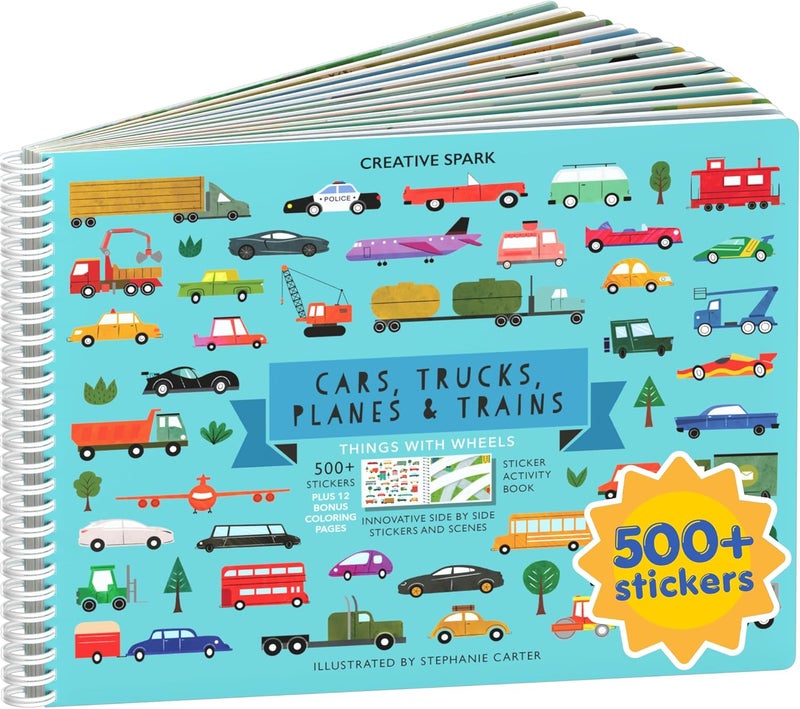 CUPKIN كتاب ملصقات كبكن للأطفال 2-4، 500+ ملصق للأطفال، سيارات، شاحنات، طائرات وقطارات، 12 صفحة تلوين و12 مشهدًا جنبًا إلى جنب، كتب تلوين ونشاط ملصقات ممتعة لسفر الأطفال الصغار للأعمار 4-8 + 8-10 - Image 1
