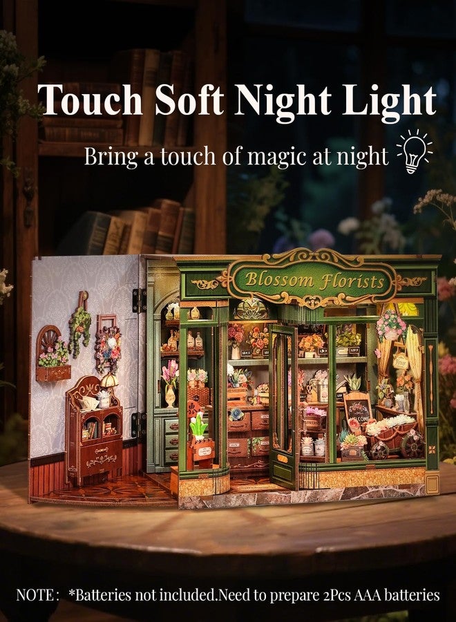 Cutefun Book Nook Kit - DIY Miniature House Dollhouse Kit, Book Nook Kits for Adults, Bookshelf Insert Bookend with LED Light for Teens and Adults (Blossom Florists) - Image 3