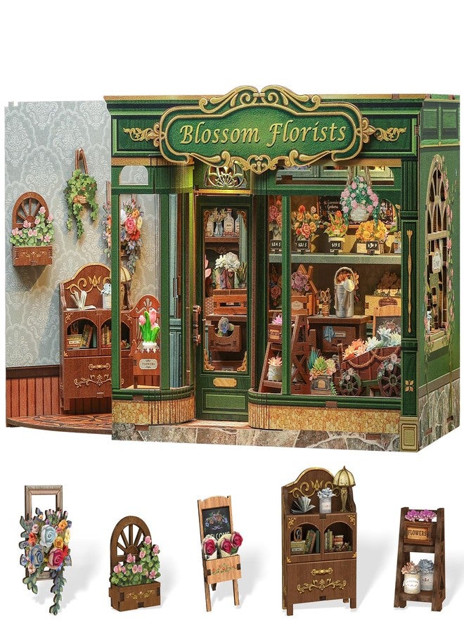 Cutefun Book Nook Kit - DIY Miniature House Dollhouse Kit, Book Nook Kits for Adults, Bookshelf Insert Bookend with LED Light for Teens and Adults (Blossom Florists) - Image 1