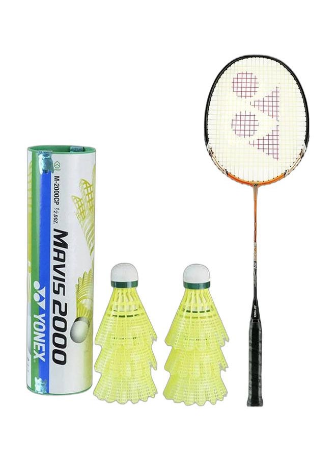 Yonex Muscle Power 2 Orange Strung Badminton Racquet + Mavis 2000 Green Cap Slow Badminton Shuttlecock 6 Pack, Yellow Pack  - Image 1