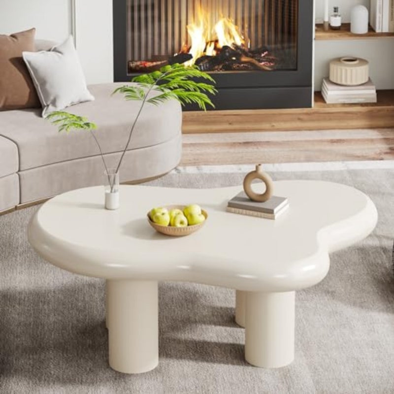 100cm Cloud Coffee Table, Cute Cream Coffee Table with 4 Solid Legs, Modern Carton Center Table for Living Room, Home Office, Funky Minimalist Tea Table White - Image 1