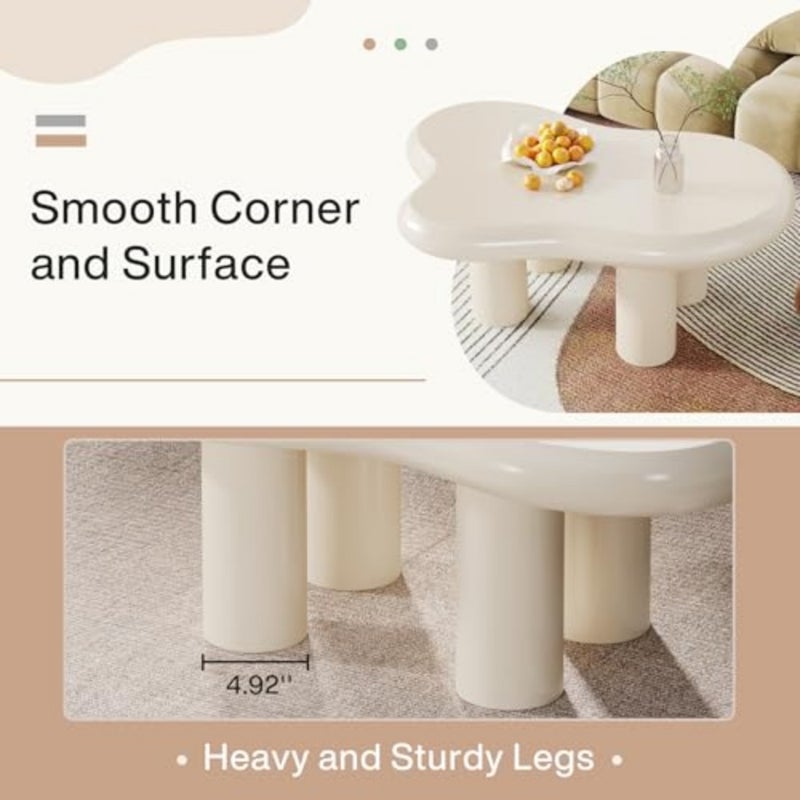 100cm Cloud Coffee Table, Cute Cream Coffee Table with 4 Solid Legs, Modern Carton Center Table for Living Room, Home Office, Funky Minimalist Tea Table White - Image 4