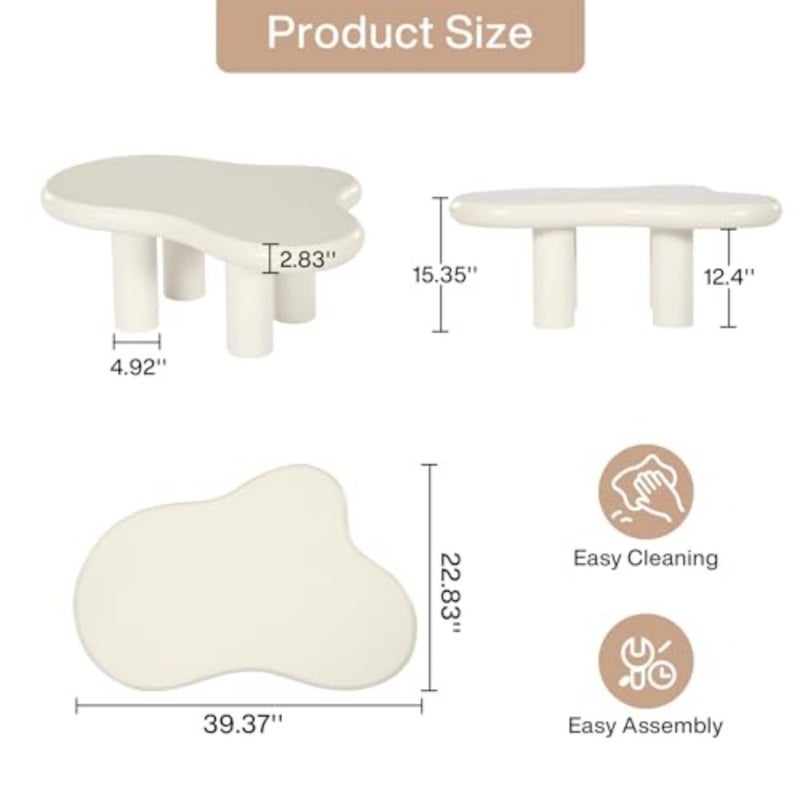 100cm Cloud Coffee Table, Cute Cream Coffee Table with 4 Solid Legs, Modern Carton Center Table for Living Room, Home Office, Funky Minimalist Tea Table White - Image 2