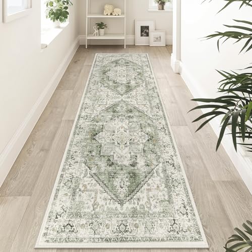 LIVEBOX Sage Green Runner Rug Non-Slip 2.5x8 - Oriental Bedroom Rugs Long Hallway Rugs for Home Decor, Low-Pile Vintage Carpet for Bathroom, Non-Slip Soft Carpet Throw Rug for Laundry Room - Image 1