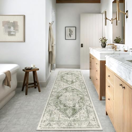 LIVEBOX Sage Green Runner Rug Non-Slip 2.5x8 - Oriental Bedroom Rugs Long Hallway Rugs for Home Decor, Low-Pile Vintage Carpet for Bathroom, Non-Slip Soft Carpet Throw Rug for Laundry Room - Image 4