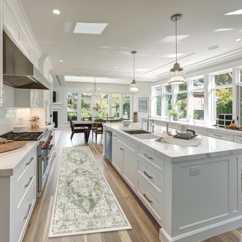 LIVEBOX Sage Green Runner Rug Non-Slip 2.5x8 - Oriental Bedroom Rugs Long Hallway Rugs for Home Decor, Low-Pile Vintage Carpet for Bathroom, Non-Slip Soft Carpet Throw Rug for Laundry Room - Image 3