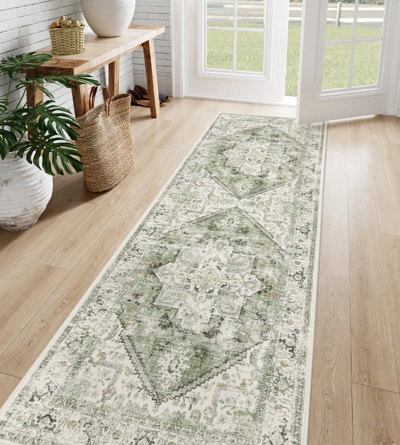 LIVEBOX Sage Green Runner Rug Non-Slip 2.5x8 - Oriental Bedroom Rugs Long Hallway Rugs for Home Decor, Low-Pile Vintage Carpet for Bathroom, Non-Slip Soft Carpet Throw Rug for Laundry Room - Image 2