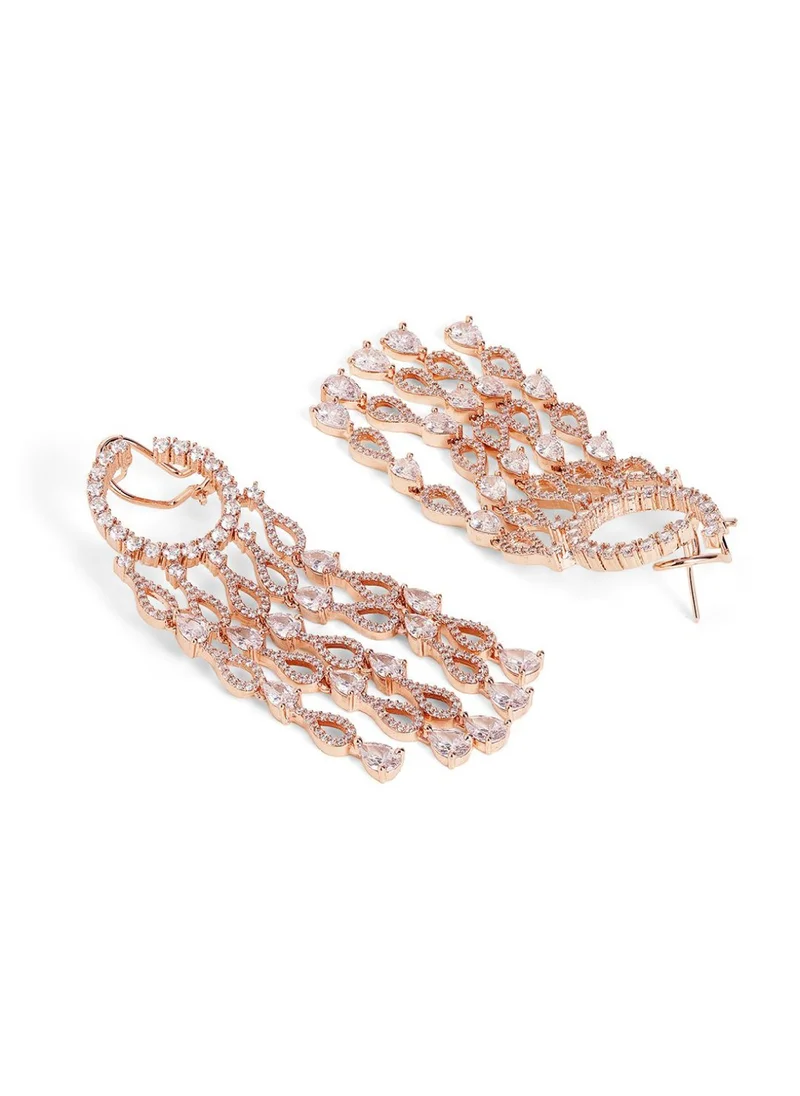 Priyaasi Rose AD-Stone Studded Teardrop Shaped Tasselled Drop Earrings