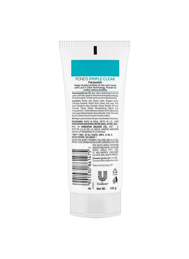 Pond's - Pimple Clear Facewash 100G For Glowing Skin With Active Thymot Essence Formula Helps Reduce Pimples In 3 Days Face Wash Controls Oil Reduces Blackheads - Image 1