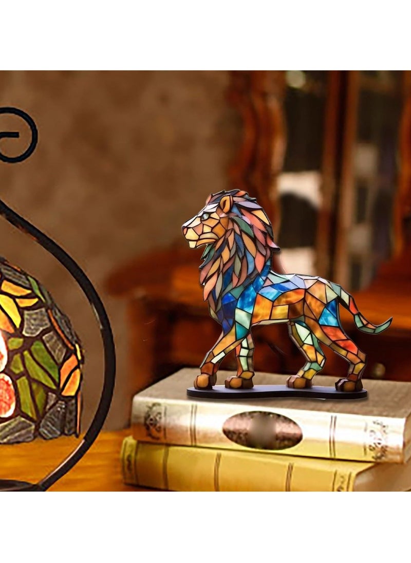 زخرفة سطح مكتب من زجاج ملون للحيوانات، تمثال أسد معدني مزدوج الجانب، ديكور سطح مكتب عتيق، زخرفة أسد أكريليك، ديكور طاولة فن زجاج مقلد - Image 3