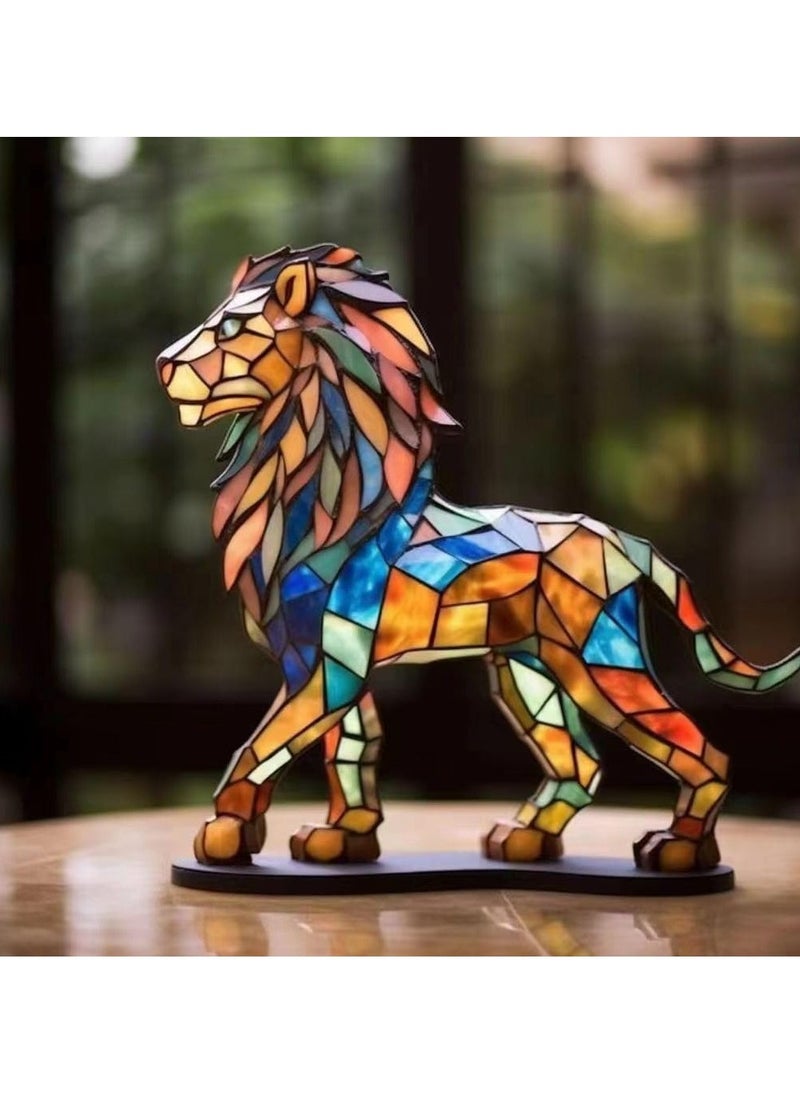 زخرفة سطح مكتب من زجاج ملون للحيوانات، تمثال أسد معدني مزدوج الجانب، ديكور سطح مكتب عتيق، زخرفة أسد أكريليك، ديكور طاولة فن زجاج مقلد - Image 2