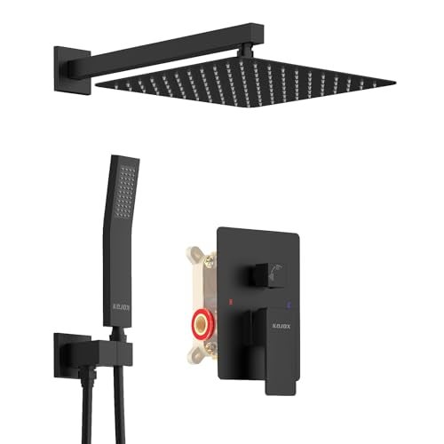 KOJOX 12 Inch Black Shower System with Rain Shower Head, Handheld Shower, Bathroom Luxury Mixer Combo Set, Wall Mounted Faucet Rough-in Valve and Trim Kit - Image 1