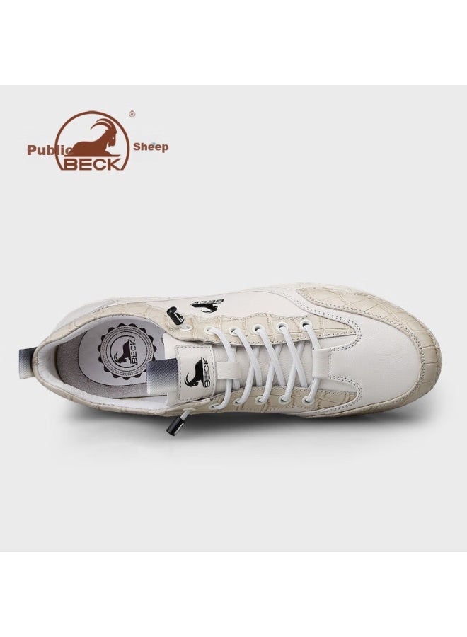 Beck Ram Men's Casual Leather Sneakers Comfortable Soft Bottom Leather Shoes All-match Men's Training Shoes White 42 - Image 2