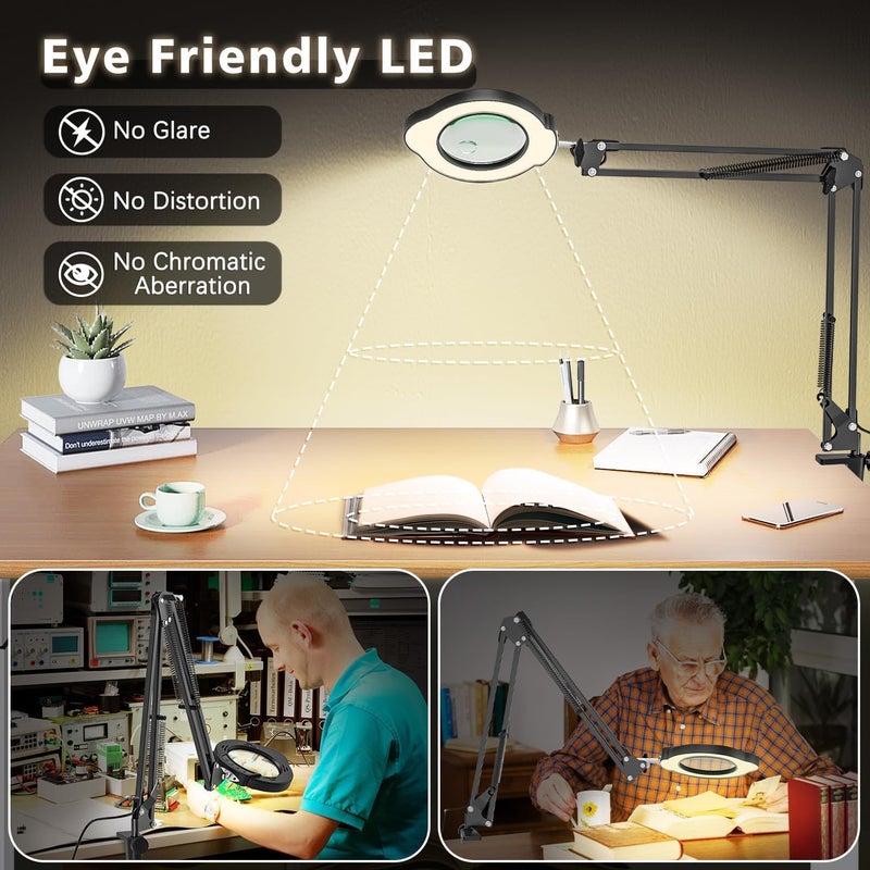 Baishun Magnifying Glass with Light and Clamp, 15X 10X Desk Magnifying Lamp, 84 LED Real Glass Lens Magnifier, 5 Color Modes Stepless Dimmable, Adjustable Hands Free Table Lamp for Repair Crafts Hobby Sewing - Image 4