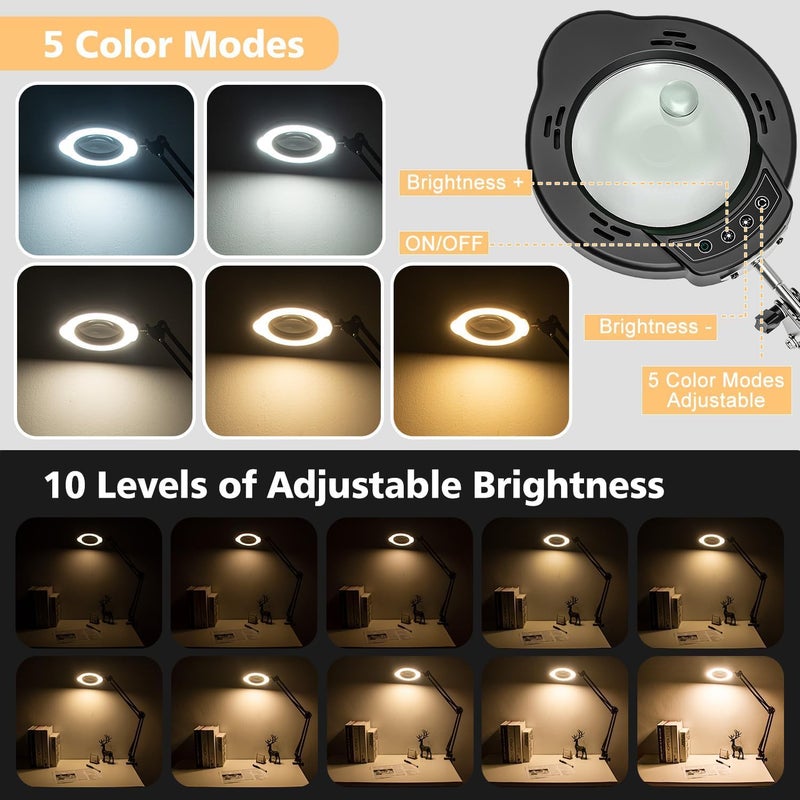 Baishun Magnifying Glass with Light and Clamp, 15X 10X Desk Magnifying Lamp, 84 LED Real Glass Lens Magnifier, 5 Color Modes Stepless Dimmable, Adjustable Hands Free Table Lamp for Repair Crafts Hobby Sewing - Image 3