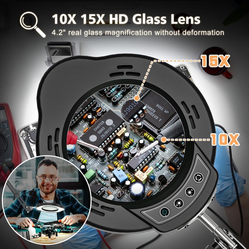 Baishun Magnifying Glass with Light and Clamp, 15X 10X Desk Magnifying Lamp, 84 LED Real Glass Lens Magnifier, 5 Color Modes Stepless Dimmable, Adjustable Hands Free Table Lamp for Repair Crafts Hobby Sewing - Image 2