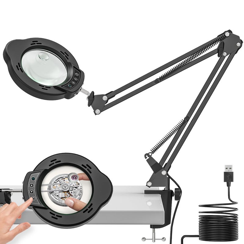 Baishun Magnifying Glass with Light and Clamp, 15X 10X Desk Magnifying Lamp, 84 LED Real Glass Lens Magnifier, 5 Color Modes Stepless Dimmable, Adjustable Hands Free Table Lamp for Repair Crafts Hobby Sewing - Image 1