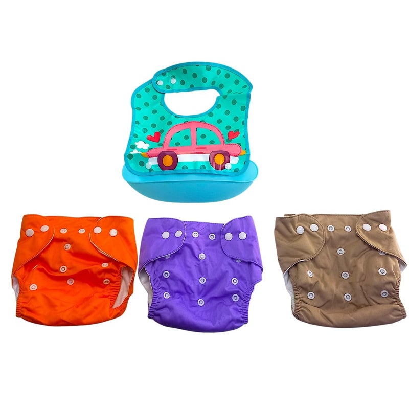 LOKYBOY Reusable Cloth Diaper Set with Bib, 4 Pieces, Adjustable Snaps