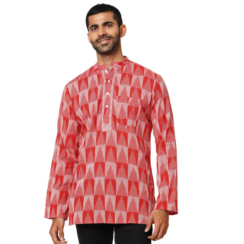 ARCHATTIRE Men’s Red Cotton Ikat Weave Kurta - Image 1