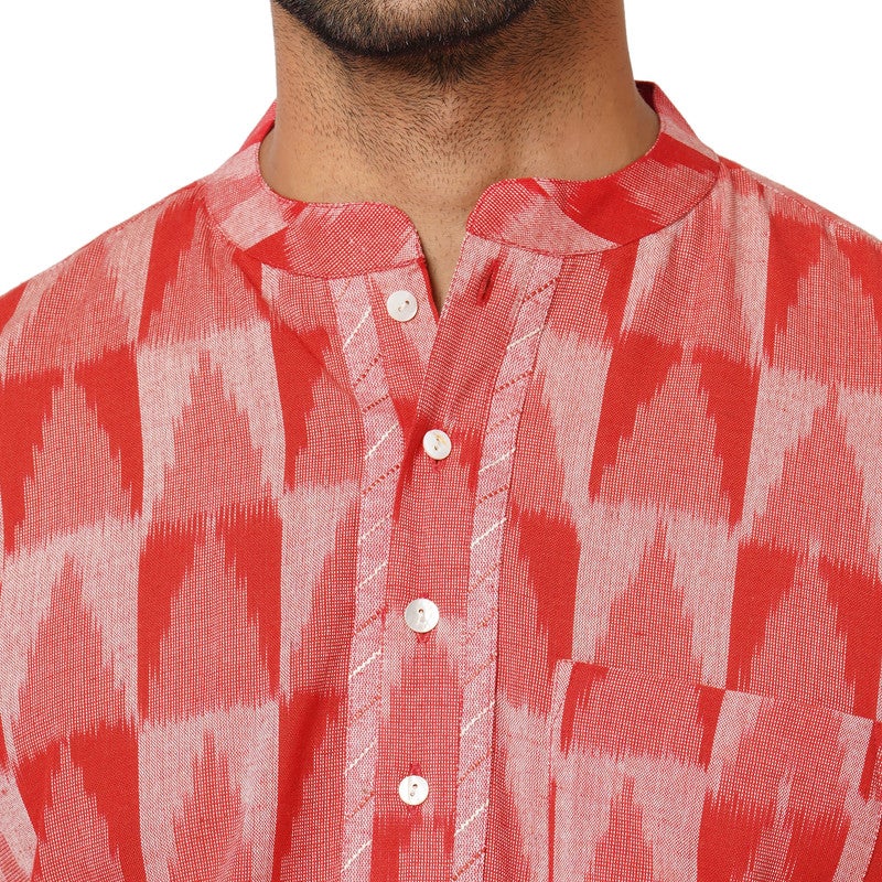 ARCHATTIRE Men’s Red Cotton Ikat Weave Kurta - Image 3