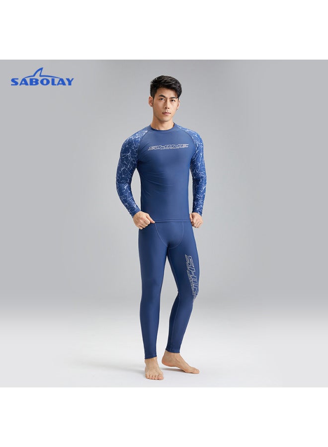 Loquat Men's Korean-style Sunscreen UPF Quick-drying Swimsuit Long-sleeved Split Surfer Wear Chlorine Resistant Breathable Men's Swimsuit-Color:NY23-4 Dark Blue Top- - Image 2