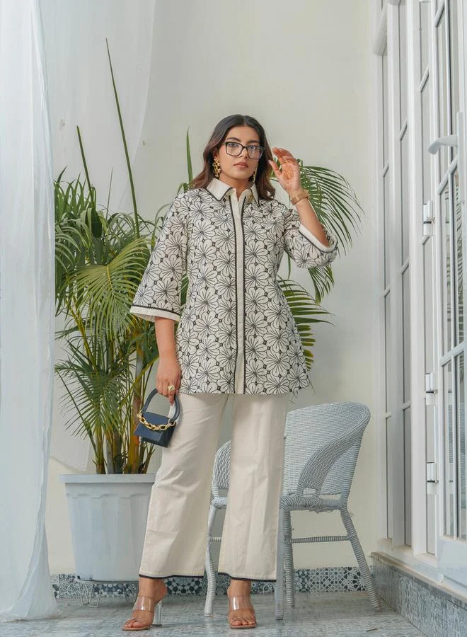 DW DW Floral Embroidered Shirt Collar Pure Cotton Tunic and Trousers Co-Ords