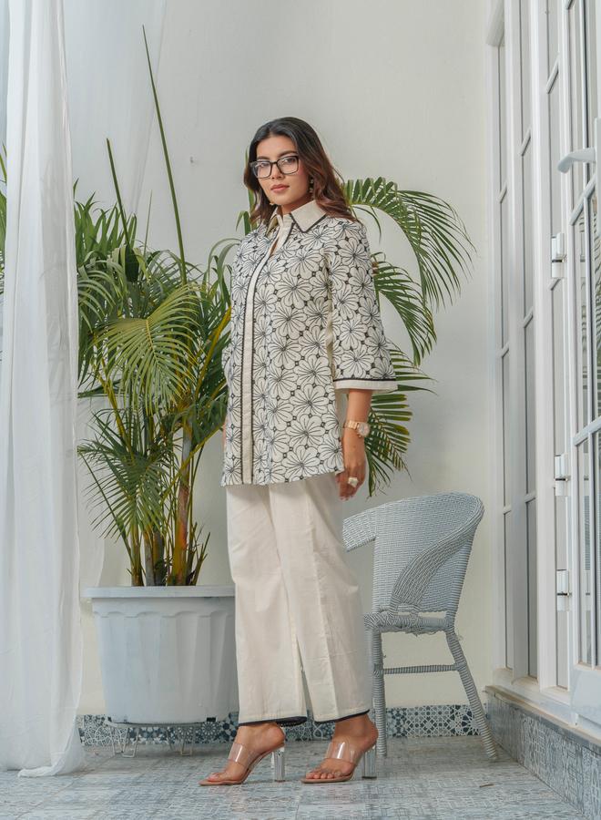 دي دبليو طقم تونيك وبنطلون قطن خالص مطرز بالزهور من دي دبليو - Image 4