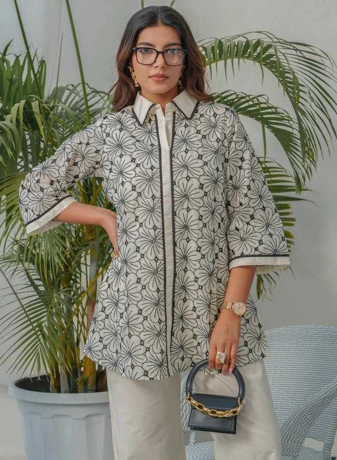 DW DW Floral Embroidered Shirt Collar Pure Cotton Tunic and Trousers Co-Ords