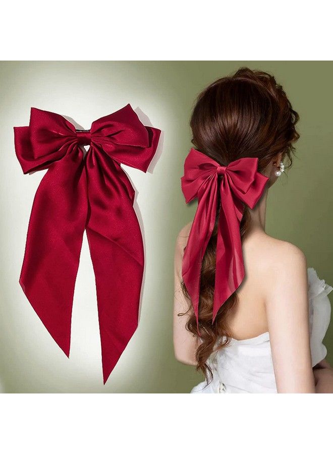 WHISKET Satin Large Hair Bows Giant Bow Hair Clips French Barrettes With Long Silky Ribbon Bowknot Bun Ponytail Holder Accessories For Women Lady Girl [Color May Very] (6) - Image 3