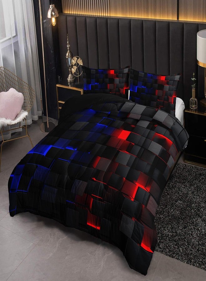 Nttopship Neon Red and Blue Comforter Set Twin Geometric Kids Bedding Set,3 PCS Geometry Honeycomb Bed Set Modern Quilt Set 1 Comforter 2 Pillow Cases Cool Room Decor All Season B-Side Black - Image 4