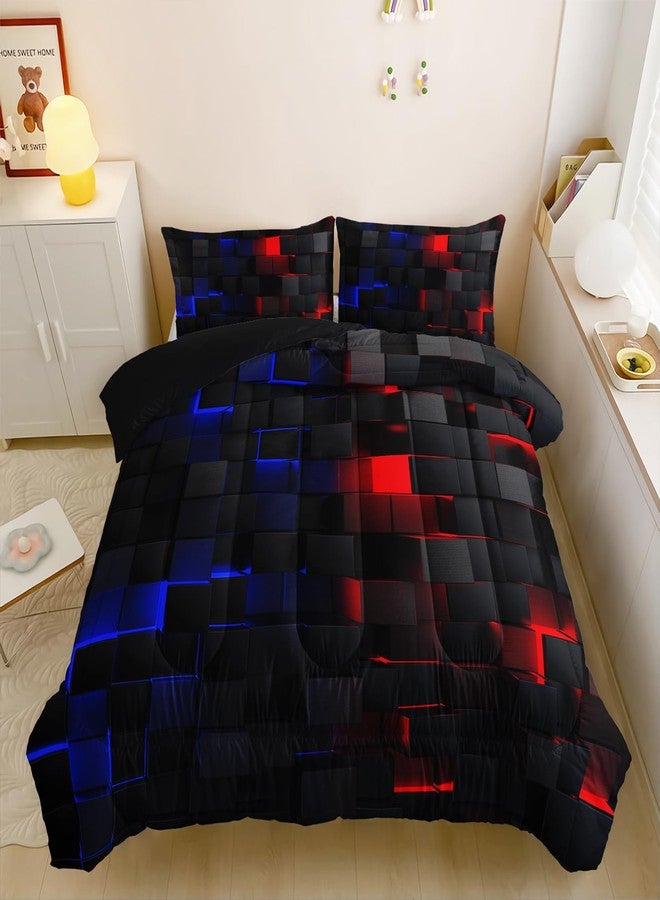 Nttopship Neon Red and Blue Comforter Set Twin Geometric Kids Bedding Set,3 PCS Geometry Honeycomb Bed Set Modern Quilt Set 1 Comforter 2 Pillow Cases Cool Room Decor All Season B-Side Black - Image 3