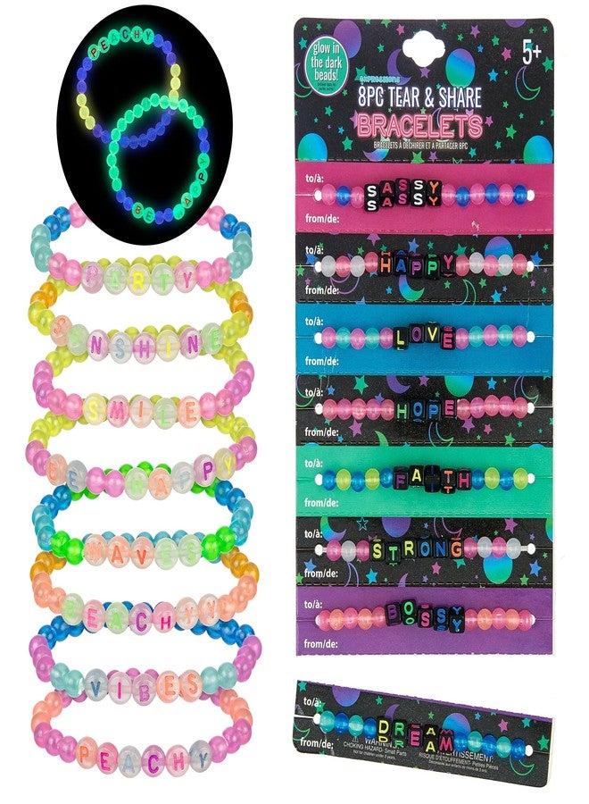 Expressions 16pc Tear & Share Bracelets w/ GLOW IN THE DARK Beads - Novelty Message To Share With Friends, Colorful Letter Beaded Bracelets, Shareable Party Favor Jewelry For Kids And Teens - Image 1