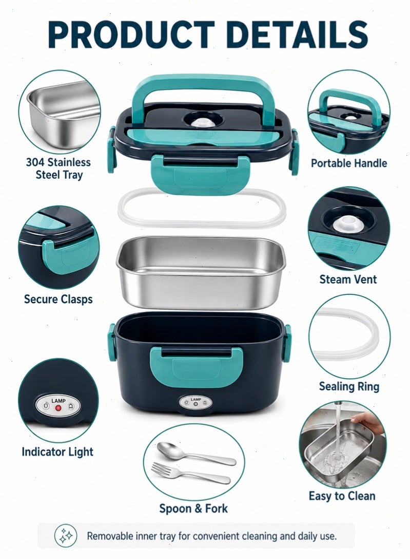 80W Electric Heated Lunch Box, 304 Stainless Steel  Bento Box with Container, 12V/24V/110V Dual Use Food Warmer for Car Truck Office - Image 3