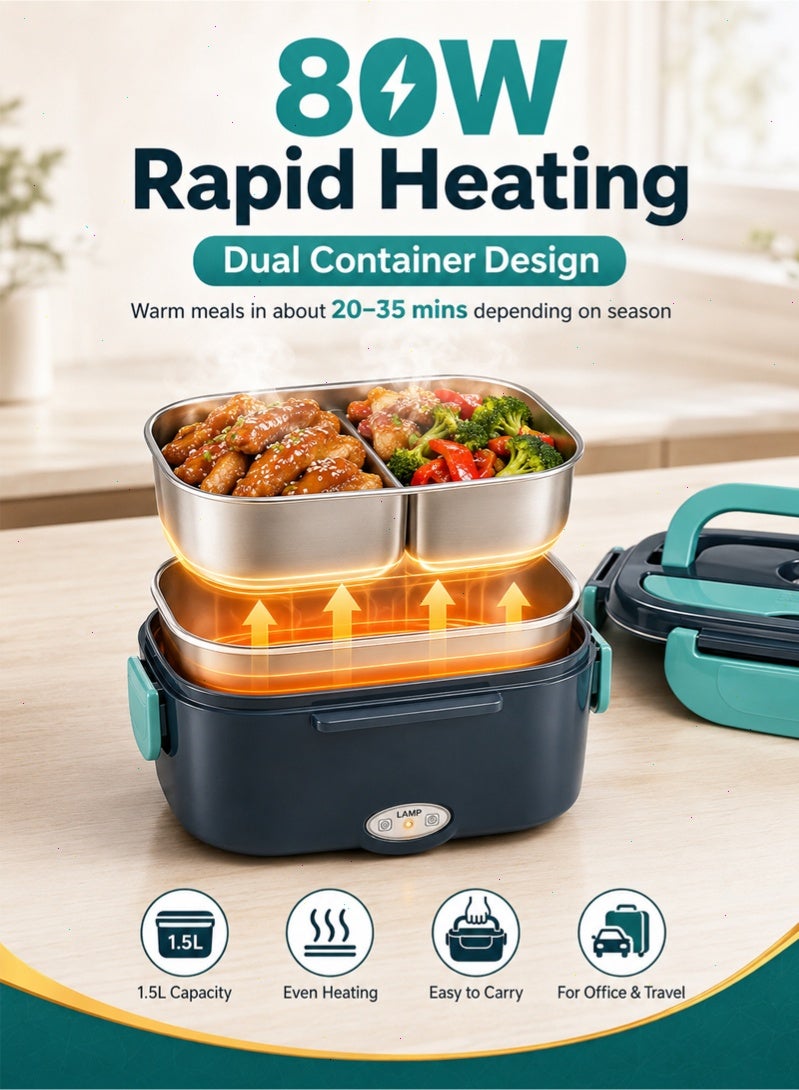80W Electric Heated Lunch Box, 304 Stainless Steel  Bento Box with Container, 12V/24V/110V Dual Use Food Warmer for Car Truck Office - Image 4