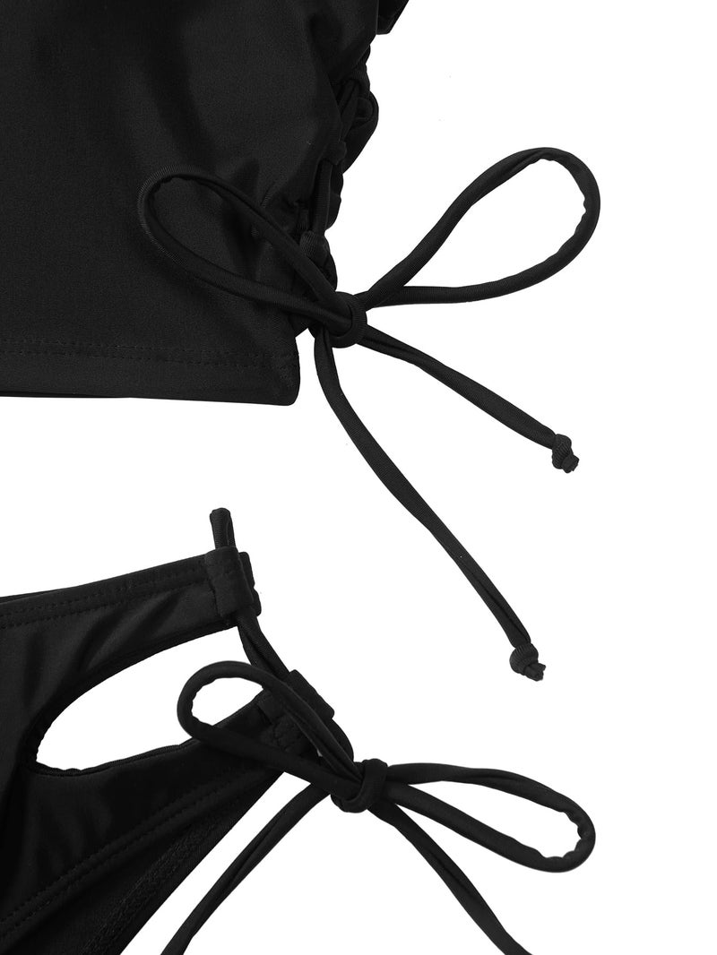 Lilosy Drawstring Bikini Set Srting Swimsuit Short Sleeve Top and Tie Side Bottom 2 Piece Women Bathing Suit Black Medium - Image 5