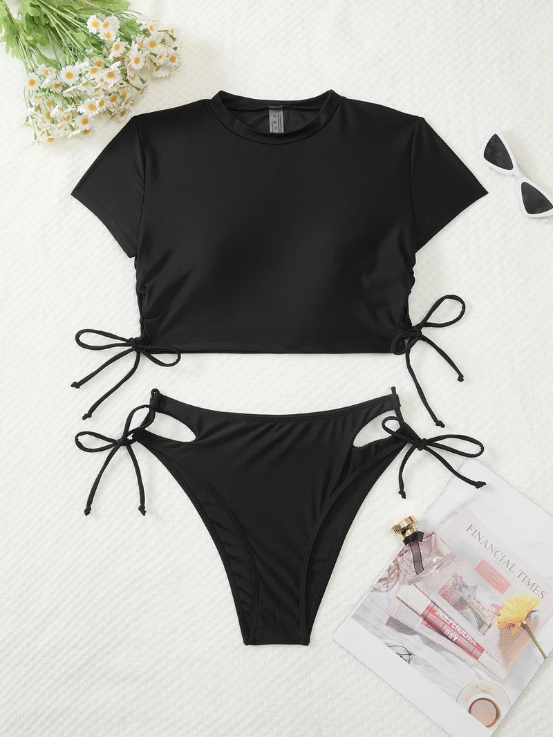 Lilosy Drawstring Bikini Set Srting Swimsuit Short Sleeve Top and Tie Side Bottom 2 Piece Women Bathing Suit Black Medium - Image 3