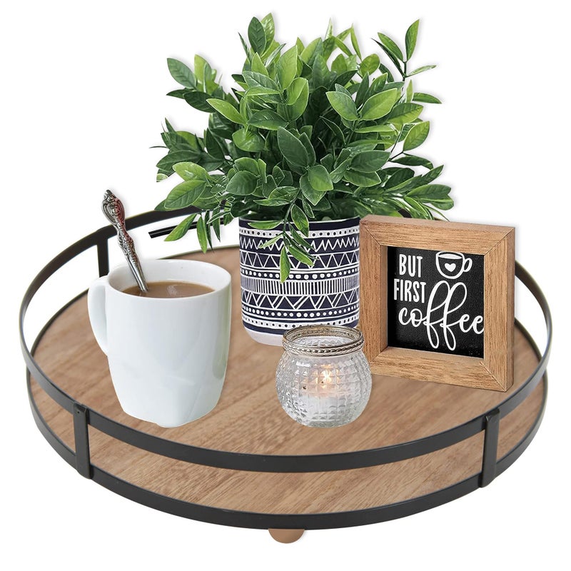 Defined Deco 12in Decorative TrayRound Serving Tray with Metal HandleDecorative Trays for Home DecorLiving Room DecorCoffee Table DecorRustic Wooden Tray for Kitchen Table DecorDining Table