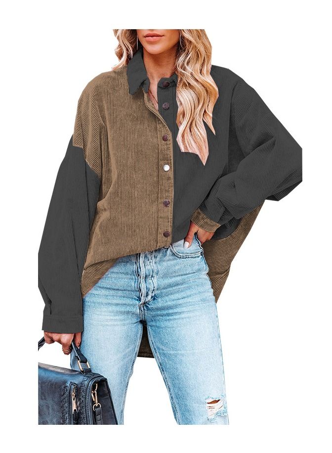 Loquat Autumn And Winter New Patchwork Color Corduroy Loose Casual Shirt 