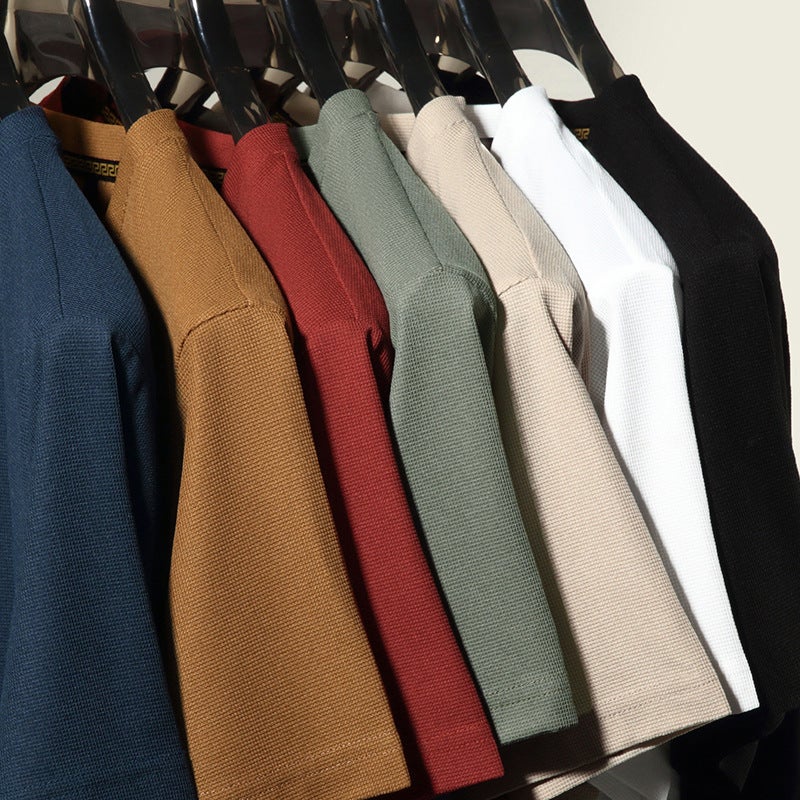 Waffle Short-Sleeved T-Shirt Men'S 2023 Casual Round Neck Thin Breathable Solid Color T-Shirt Base Shirt - Image 5