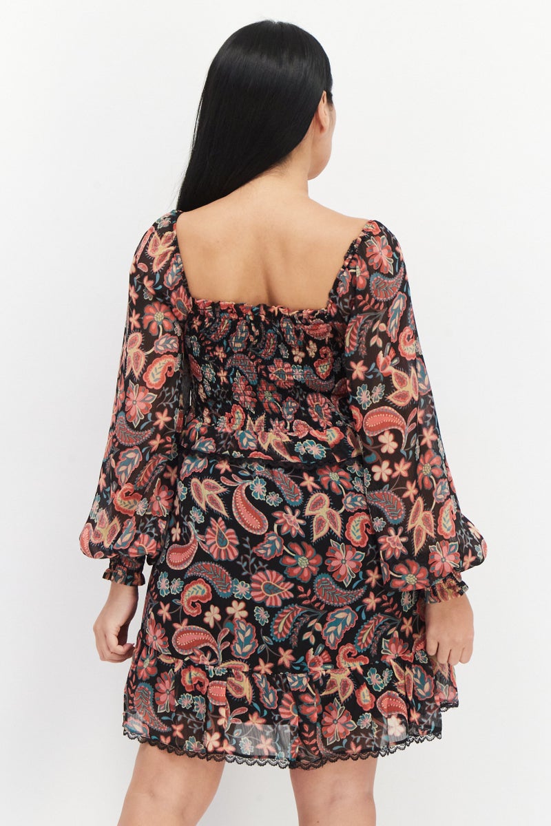 Lost + Wander فستان كاجوال قصير مزخرف بالورود للنساء، مجموعة سوداء - Image 4
