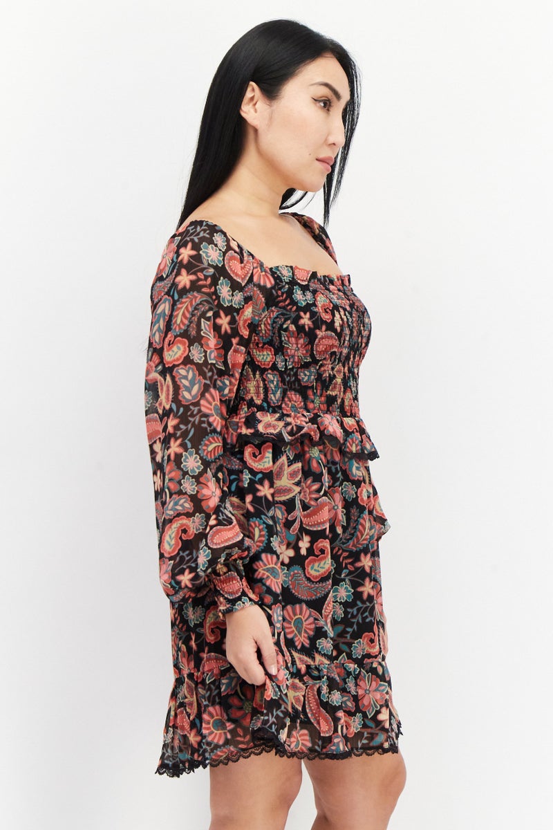 Lost + Wander فستان كاجوال قصير مزخرف بالورود للنساء، مجموعة سوداء - Image 3