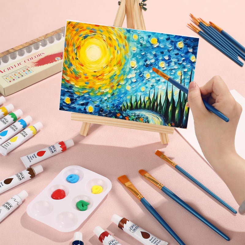 ESRICH 26 PCS Acrylic Paint Set with 12 Colors Acrylic Paints (12ml, 0.4 oz), 10 Paint Brushes, 2 Canvas, 1 Wood Easel, 1 Plate, Painting Supplies Kits for Kids, Adults, Artists and Beginners - Image 4