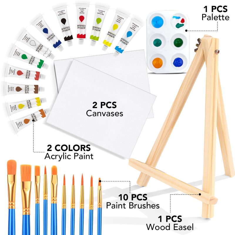 ESRICH 26 PCS Acrylic Paint Set with 12 Colors Acrylic Paints (12ml, 0.4 oz), 10 Paint Brushes, 2 Canvas, 1 Wood Easel, 1 Plate, Painting Supplies Kits for Kids, Adults, Artists and Beginners - Image 2