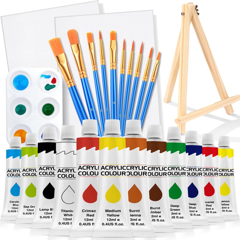 ESRICH 26 PCS Acrylic Paint Set with 12 Colors Acrylic Paints (12ml, 0.4 oz), 10 Paint Brushes, 2 Canvas, 1 Wood Easel, 1 Plate, Painting Supplies Kits for Kids, Adults, Artists and Beginners - Image 1