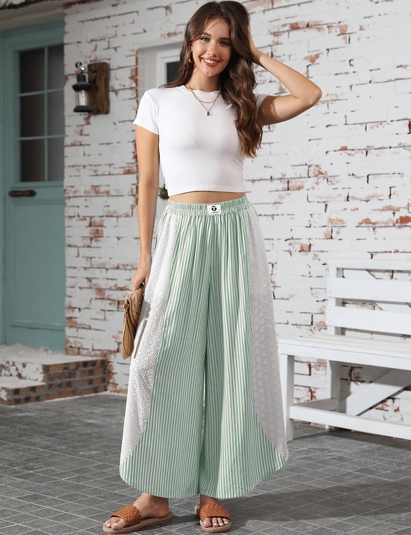 TARSE Womenâ€™s Striped Palazzo Pants Boho Wide Leg Pants with Lace Trim High Waist Flowy Beach Vacation Trousers(Green, L) - Image 3