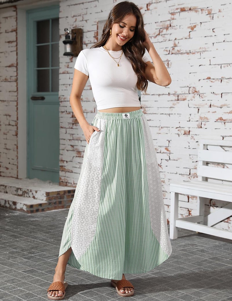 TARSE Womenâ€™s Striped Palazzo Pants Boho Wide Leg Pants with Lace Trim High Waist Flowy Beach Vacation Trousers(Green, L) - Image 2