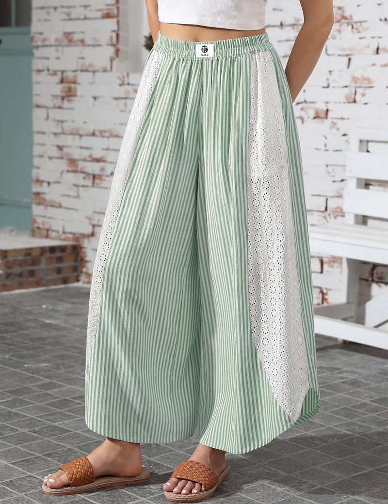 TARSE Womenâ€™s Striped Palazzo Pants Boho Wide Leg Pants with Lace Trim High Waist Flowy Beach Vacation Trousers(Green, L) - Image 4